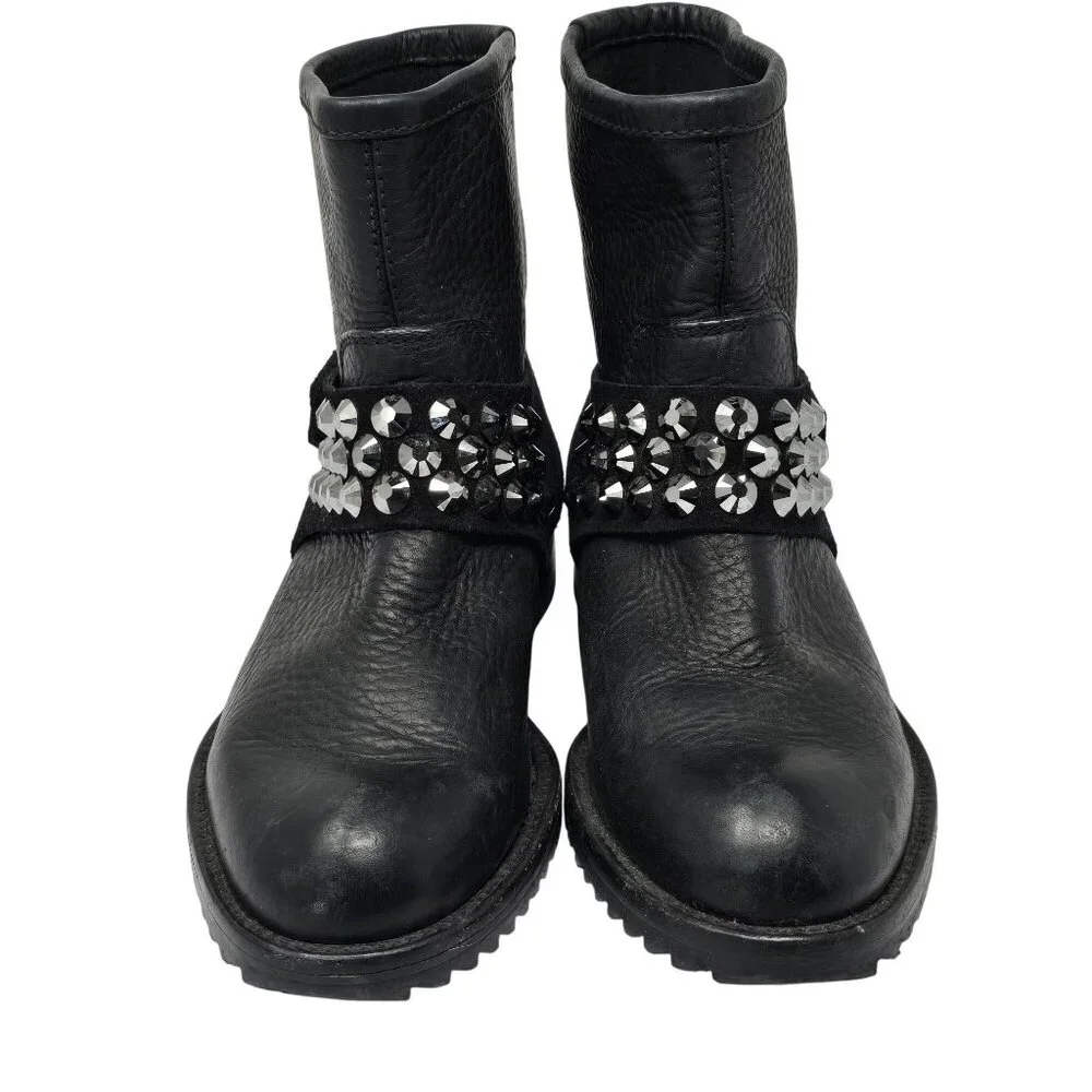 Pedro Garcia Kian Black Leather Swarovski Embellished Moto Boots, Women's 36 - Picture 2 of 7